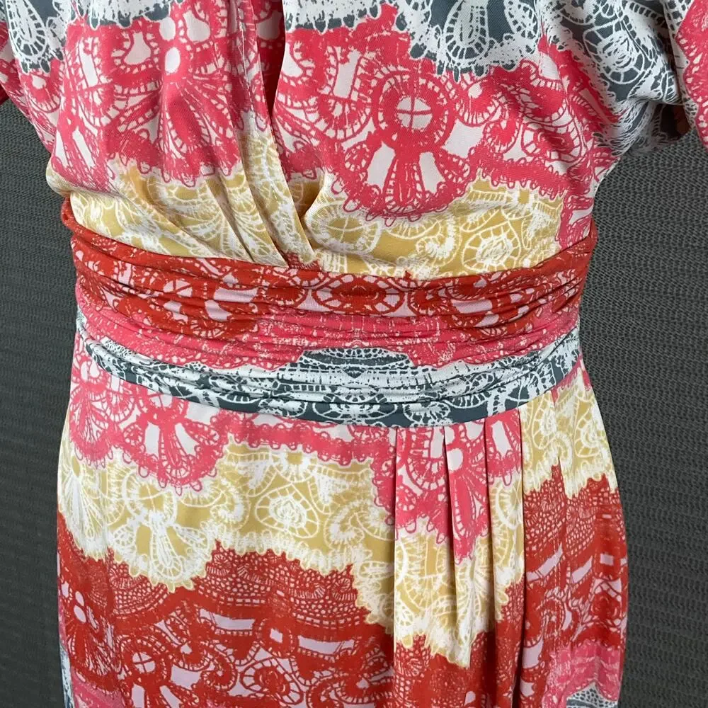 BCBG MAXAZRIA Wrap Dress Tereza Boho Art sz S Red White Yellow Medallion Print - Picture 9 of 16